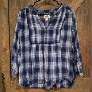 WRANGLER Navy and White Plaid Babydoll Blouse Size Medium
